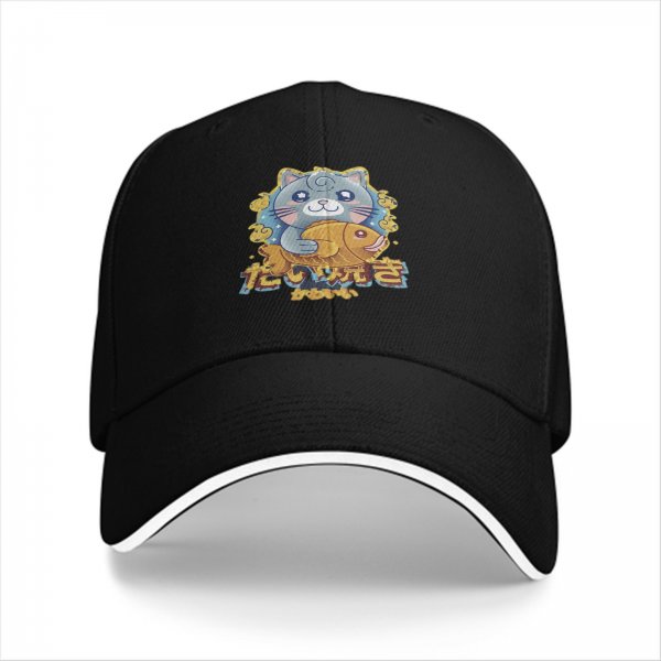 Black Baseball Cap With Cute Cat Holding Taiyaki Japanese Art