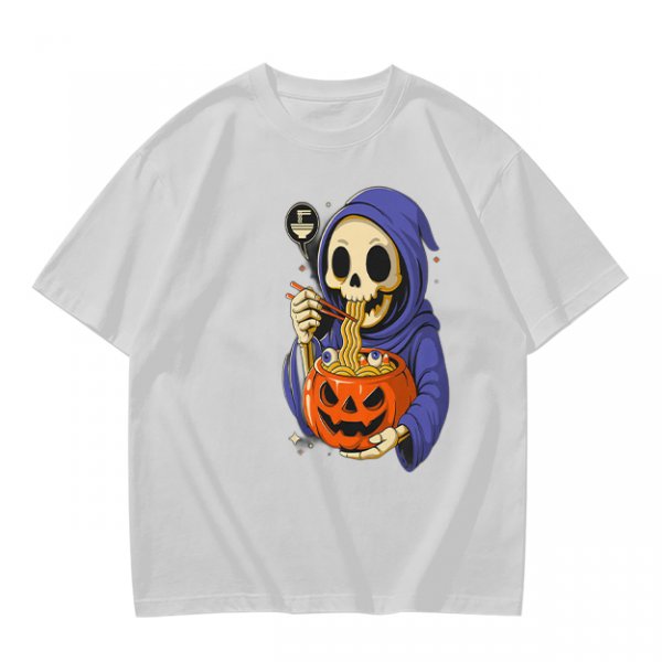 Grim Reaper Eating Ramen from Jack-o'-lantern Pumpkin Bowl T-Shirt
