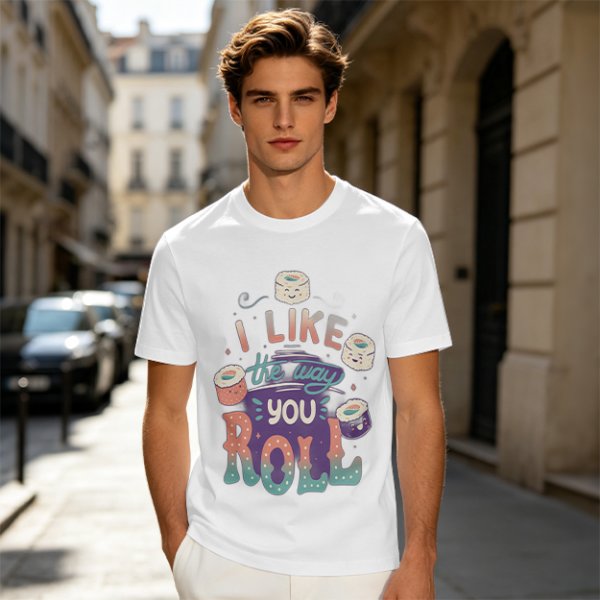 Olive T-Shirt With Cute Sushi Graphic and 'I Like The Way You Roll' Text