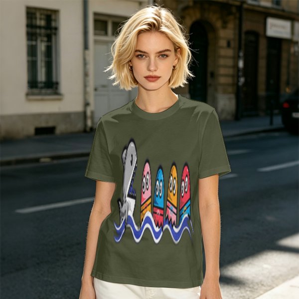 Olive T-Shirt With Shark And Colorful Ghost Creatures Print