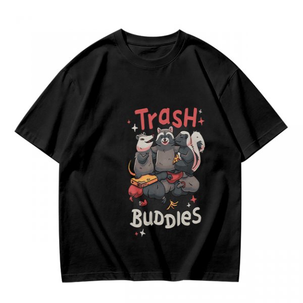 Olive green t-shirt with Trash Buddies raccoon possum and skunk graphic