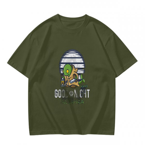 Olive green graphic t-shirt with Tonberry 'Good Night' print