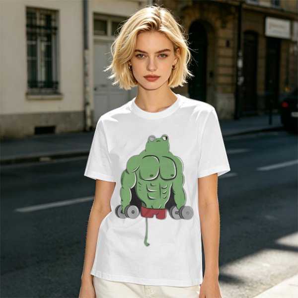 Oversized Army Green T-Shirt With Muscular Frog Lifting Dumbbells Print