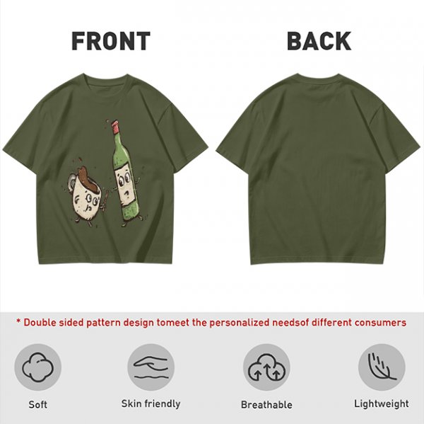 Olive T-Shirt With Cartoon Coffee Mug And Wine Bottle Print