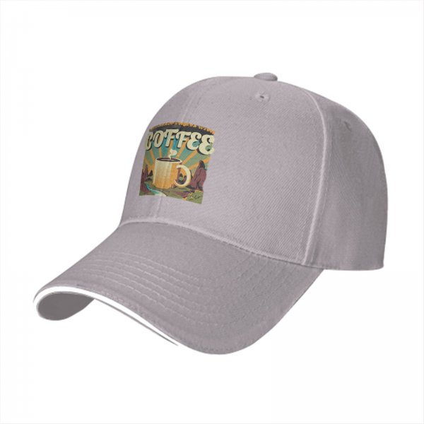 Black Baseball Cap With Coffee And Mountain Sunrise Graphic