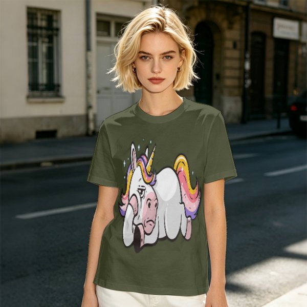 Olive T-shirt with Bored Unicorn Graphic Print