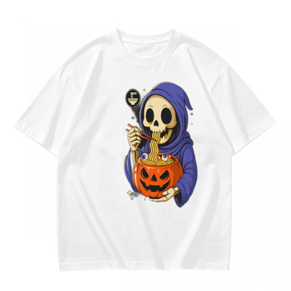 Grim Reaper Eating Ramen from Jack-o'-lantern Pumpkin Bowl T-Shirt