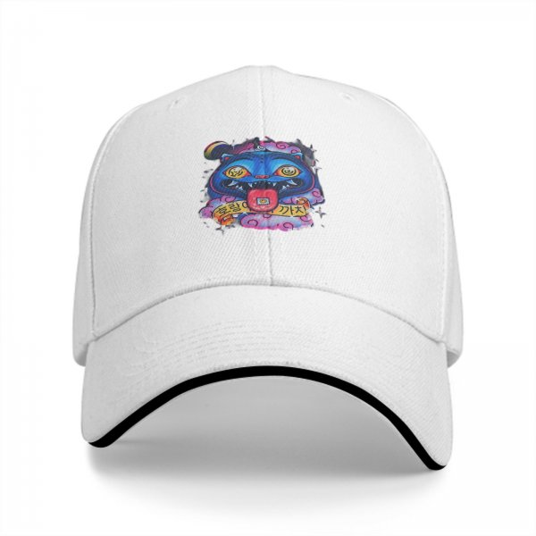 Black baseball cap with psychedelic blue cat graphic design
