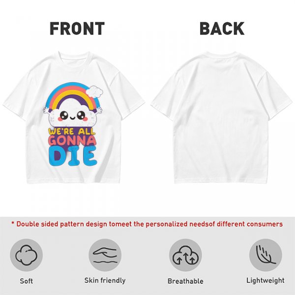 Olive T-Shirt With Cute Cloud Rainbow Graphic And 'We're All Gonna Die' Text