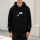 Black hoodie with a robin bird graphic and speech bubble text