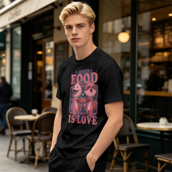 Olive graphic t-shirt with food is love and cartoon animal design