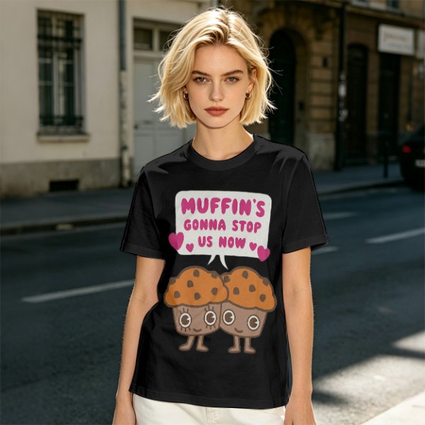 Olive t-shirt with cute muffin graphic and playful text design