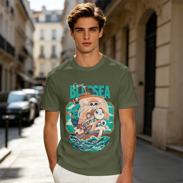 Olive T-Shirt with Cartoon Pirate Ship Blue Sea Cruise Print