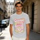 Olive green graphic t-shirt with cucumber juice themed print