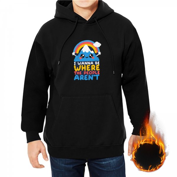 Black hoodie with cute mountain rainbow graphic and 'I wanna be where the people aren't' text