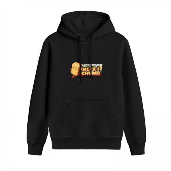 Black hoodie with cute bread character and Here I Crumb graphic