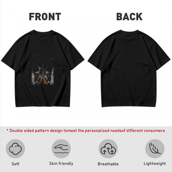 Olive green graphic t-shirt with symmetrical dark and orange artwork