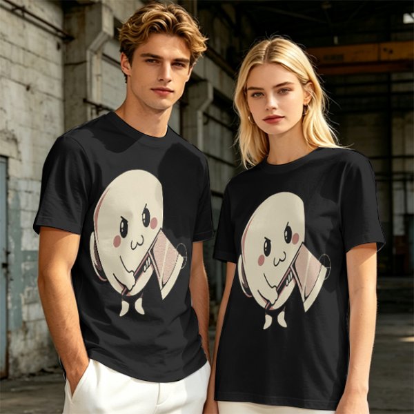 Olive T-Shirt With Cute Angry Ghost Holding Axe Graphic
