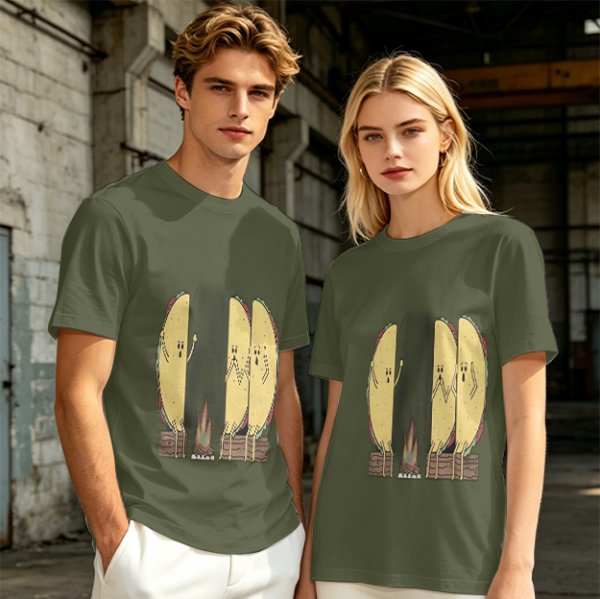 Olive T-Shirt With Funny Taco Characters Around A Campfire