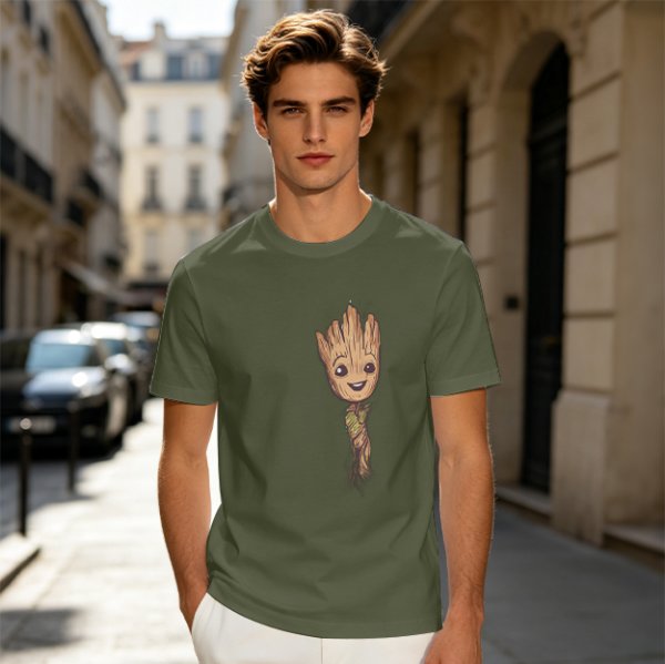 Olive Green T-Shirt with Smiling Baby Groot Graphic