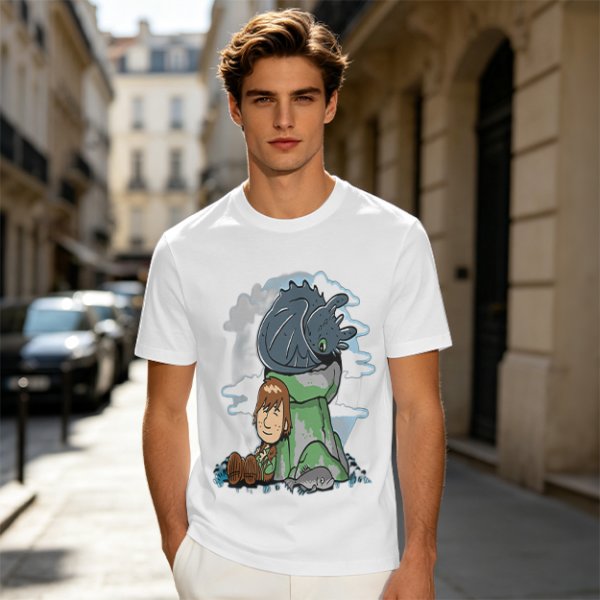 Olive T-Shirt Featuring Hiccup and Toothless from How to Train Your Dragon