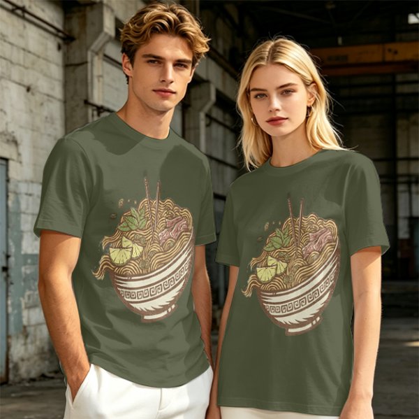 Olive Green T-Shirt With Illustrated Noodle Bowl Print