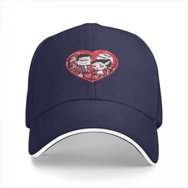 Black baseball cap with Frankenstein and bride heart graphic