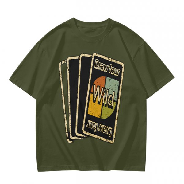 Olive T-Shirt with Retro Uno Wild Draw Four Card Graphic