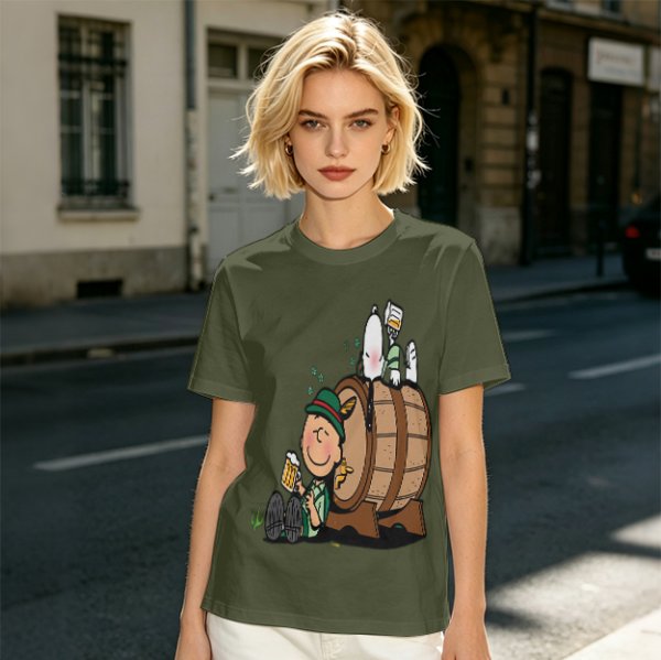 Olive T-Shirt with Charlie Brown and Snoopy at Oktoberfest Beer Barrel