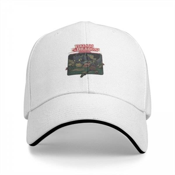 Black Baseball Cap With Vikings And Dragons Graphic Print
