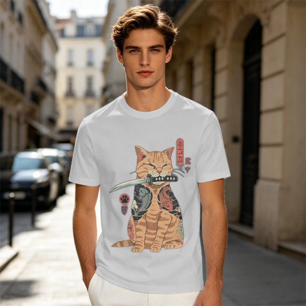 Olive T-Shirt With Samurai Cat Holding Katana And Koi Tattoos
