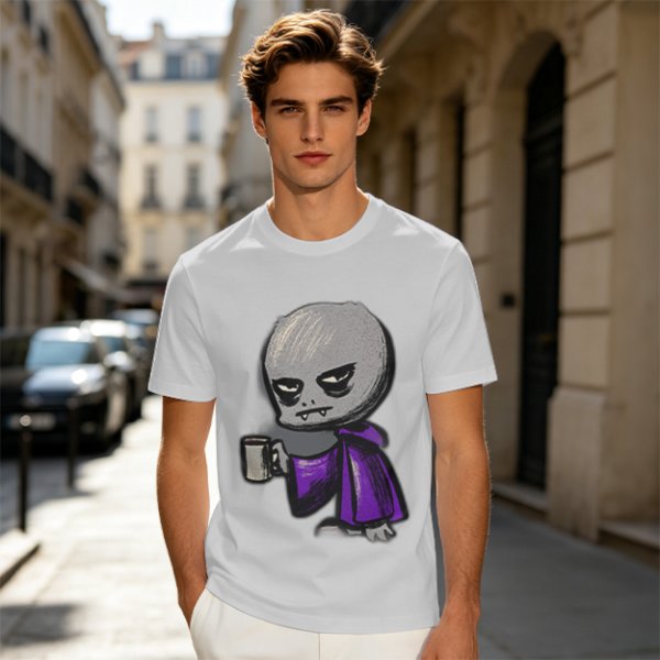Olive T-Shirt With Grumpy Vampire Holding Coffee Mug Print