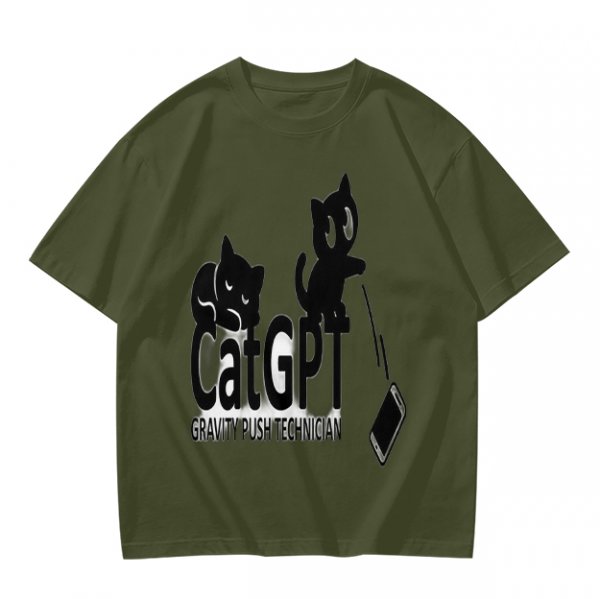 Olive green graphic t-shirt with CatGPT and mischievous cat prints