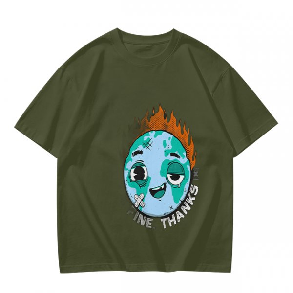 Olive T-shirt with Worn Burning Earth Graphic and 'Fine Thanks' Text