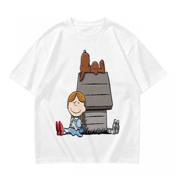 Olive T-Shirt with Peanuts Style Girl and Dog on Doghouse Print