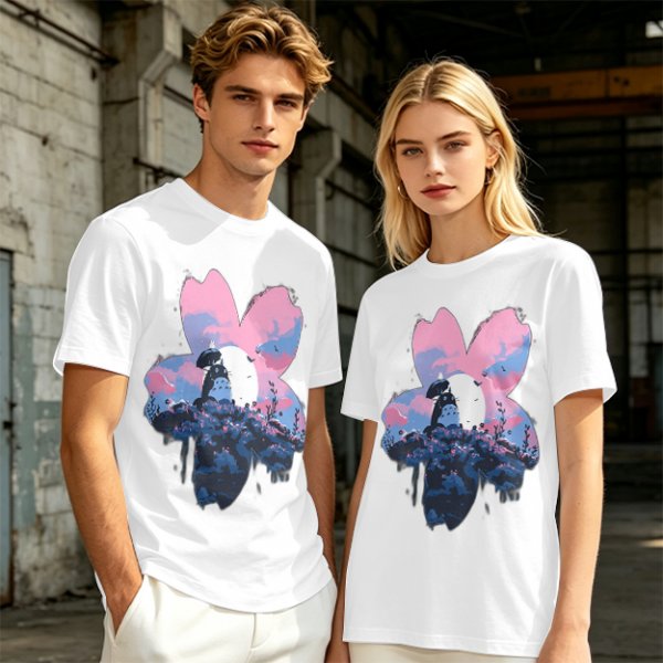 Olive T-Shirt with Sakura Flower and Whimsical Forest Creature Print