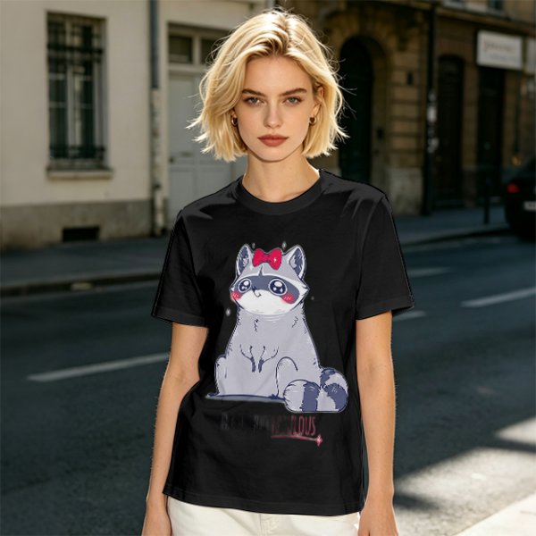 Olive T-shirt with Cute Raccoon Wearing Red Bow Graphic