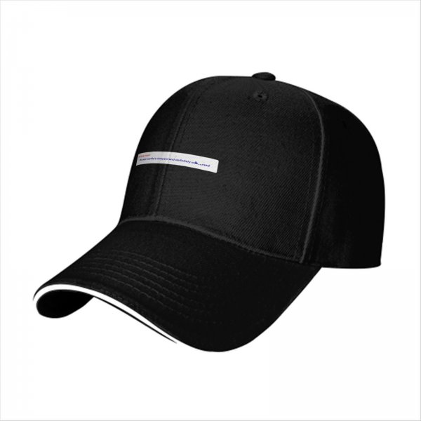 Black baseball cap with small text graphic on front panel