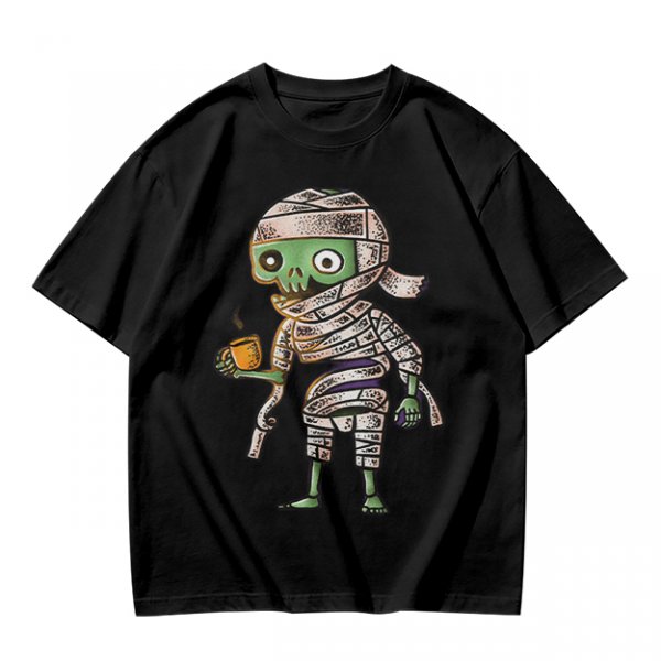 Olive T-Shirt With Cute Mummy Holding Hot Coffee Print