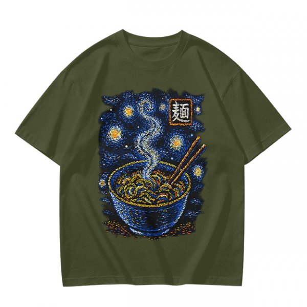 Olive t-shirt with starry night ramen bowl graphic