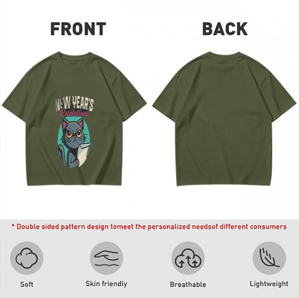 Olive green graphic t-shirt with grumpy cat holding New Year's resolutions