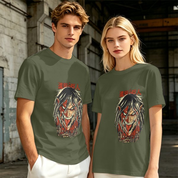 Olive green anime t-shirt with Attack on Titan printed design