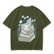 Olive T-Shirt With Stacked Books Teacup Floral Print