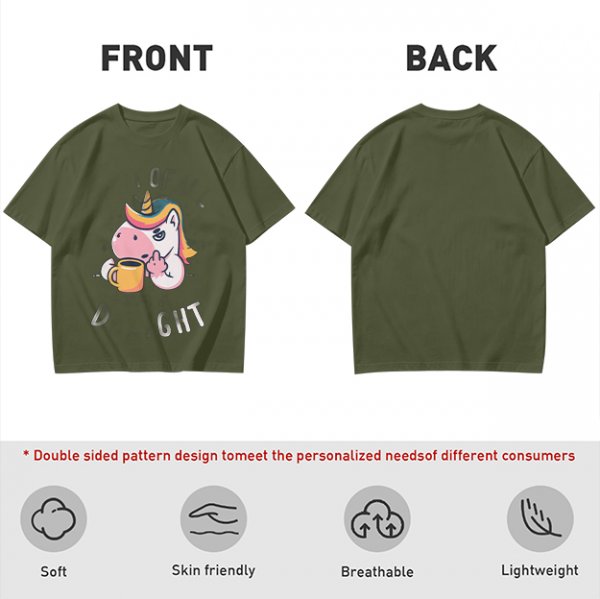 Oversized Olive T-Shirt With Sassy Unicorn Holding Coffee Print