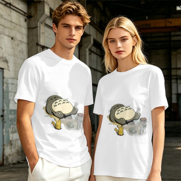 Olive T-shirt with Sleeping Totoro and Crossover Anime Characters Print