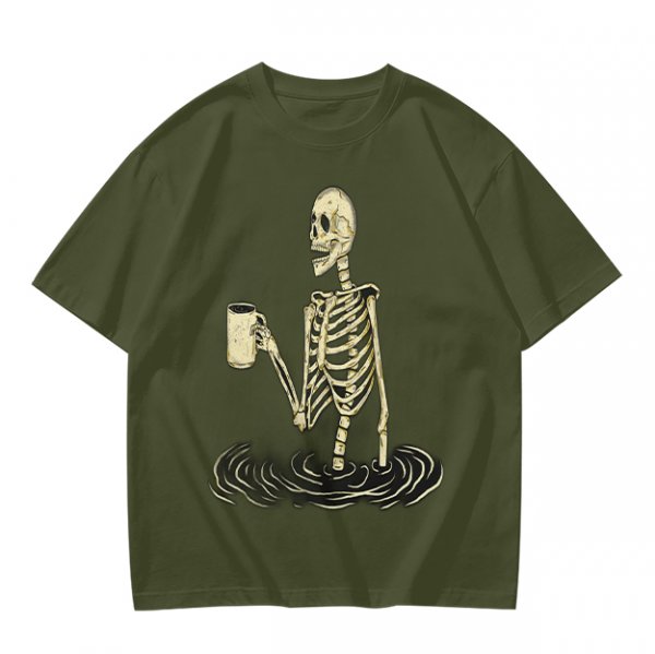 Olive Skeleton Holding Coffee Mug In Water Graphic T-Shirt