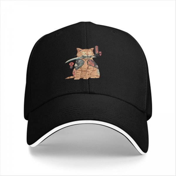 Black Baseball Cap With Tattooed Samurai Cat Holding Katana