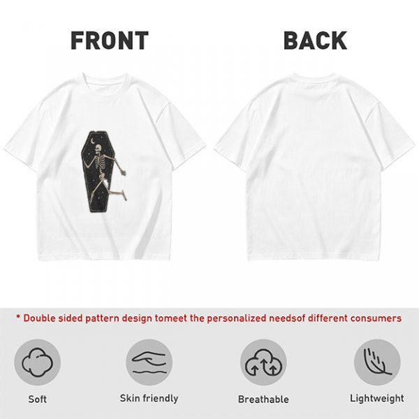 Olive t-shirt with skeleton running from starry coffin graphic