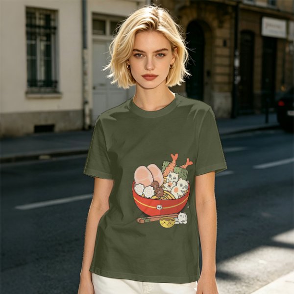 Olive T-Shirt With Cute Cat Ramen Bowl Graphic Print