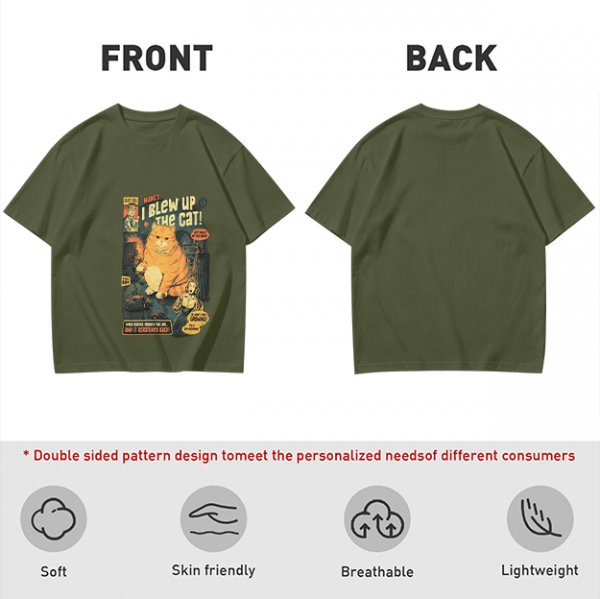 Olive t-shirt with vintage comic style 'I Blew Up The Cat!' print
